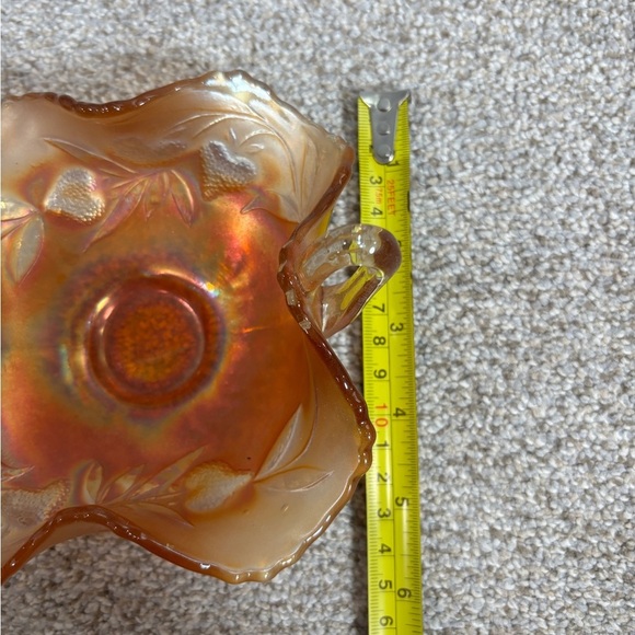 Vintage Fenton Carnival Glass Handled Candy Dish Strawberry Sprigs Marigold - Picture 3 of 5